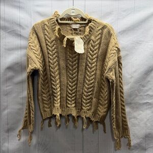 Altar'd State NWT Tan Fringed Cable Knit Sweater